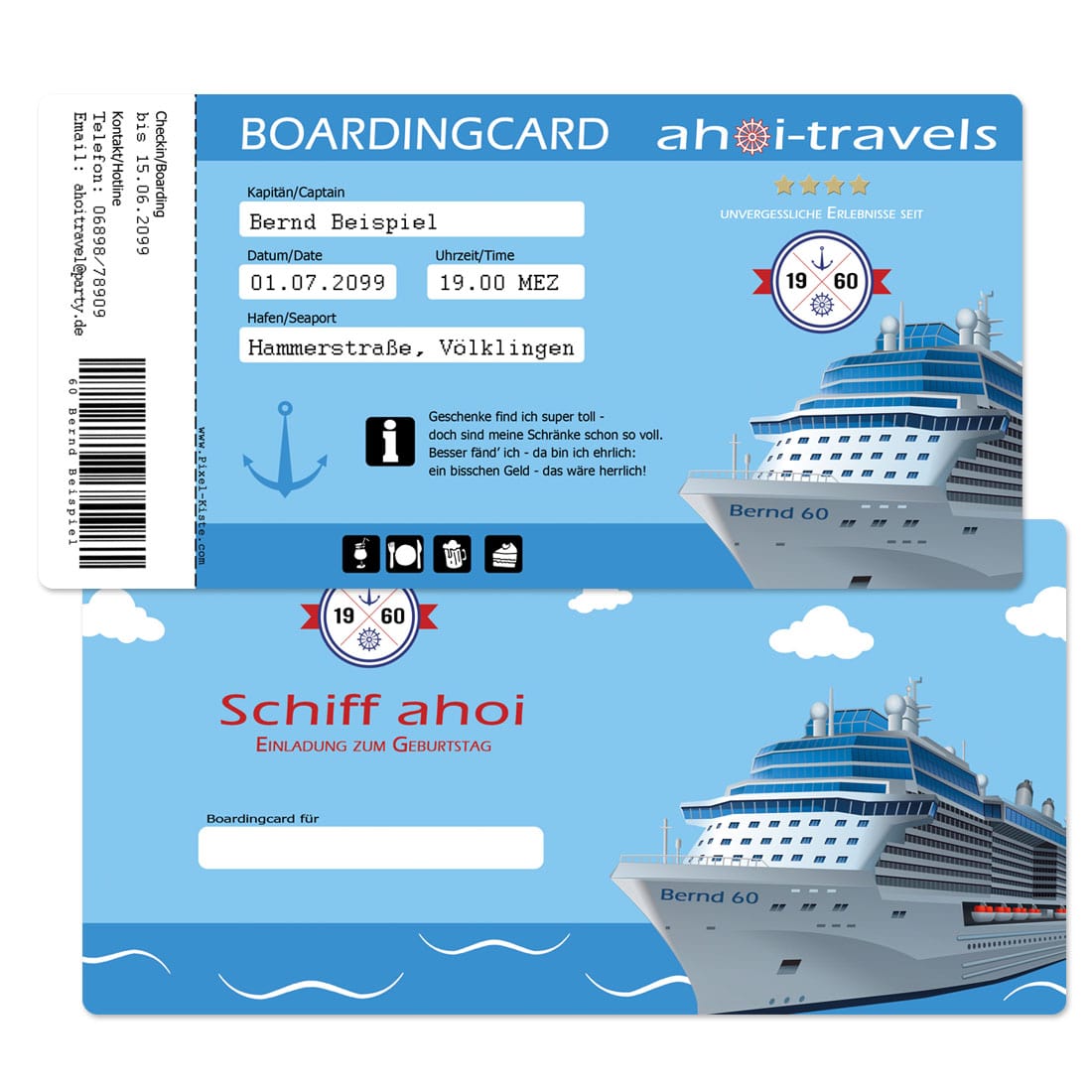 originelle Geburtstagseinladung "Boardingcard" Kreuzfahrt drucken