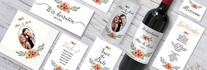 Hochzeitspapeterie mit floralem Design drucken lassen