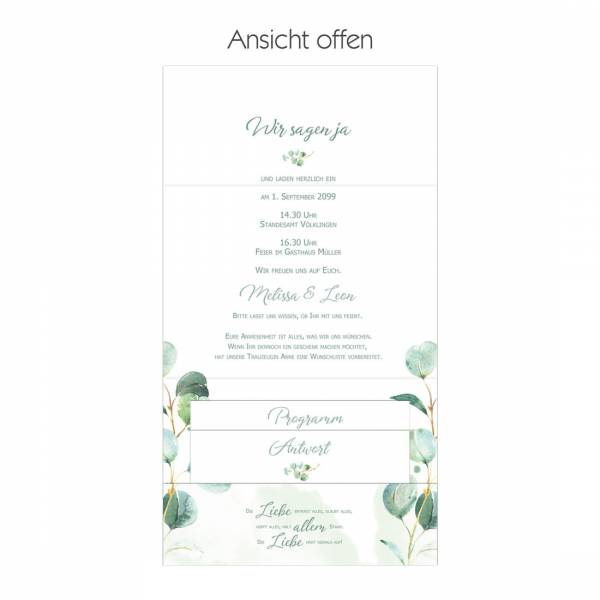 bedruckter Pocketfold für die Hochzeitseinladungen mit Eukalyptus gestalten lassen