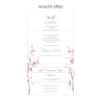 wunderschöner bedruckter Pocketfolder als Einladung zur Hochzeit mit Kirschblüten und Eukalytus