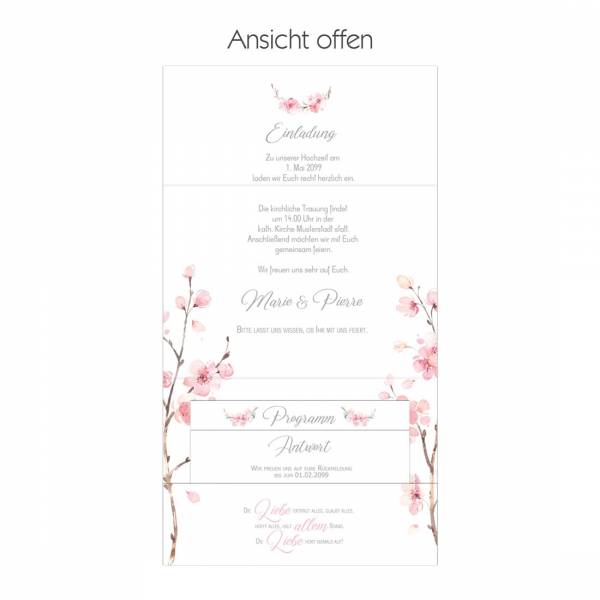 wunderschöner bedruckter Pocketfolder als Einladung zur Hochzeit mit Kirschblüten und Eukalytus