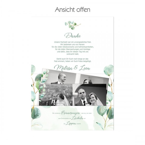Eukalyptus-Hochzeit Danksagungskarten als Pocketfold mit Fototasche