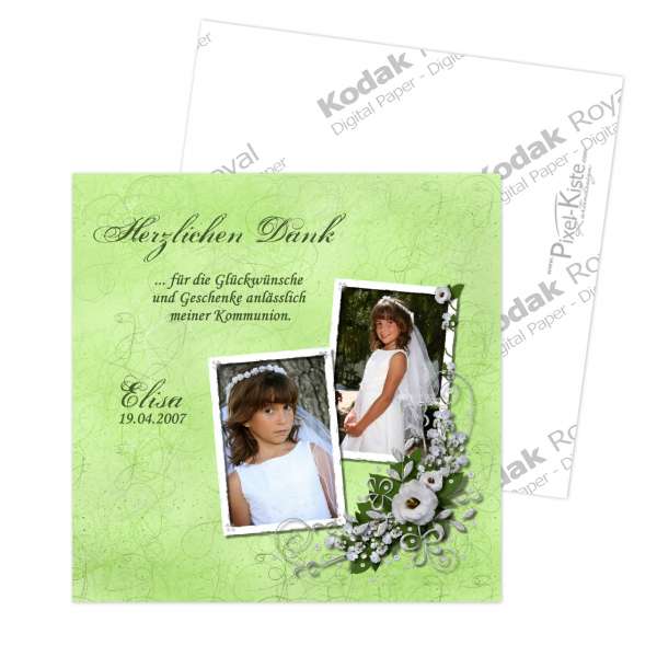 Danksagungskarte Kommunion Konfirmation quadratisch mit Fotos «Blumenbuket»