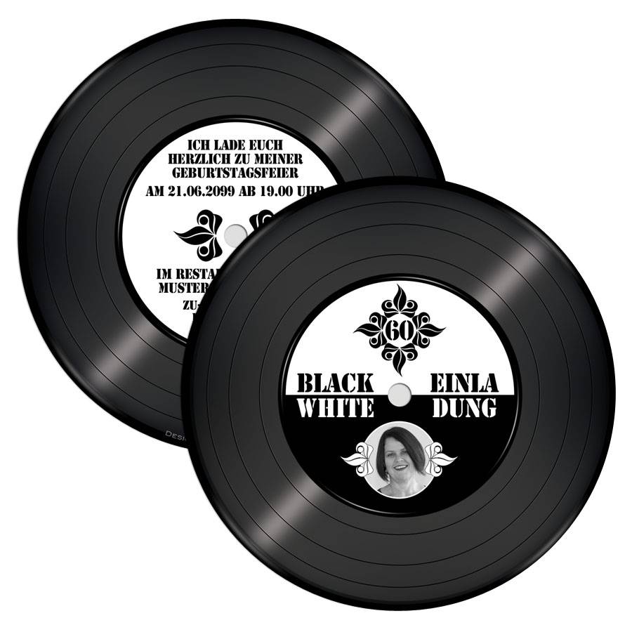 Einladung Black and WhiteParty Geburtstag Schallplatte