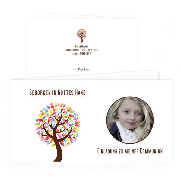 Einladungskarten zur Kommunion "Baum mit Händen" individuell gedruckt