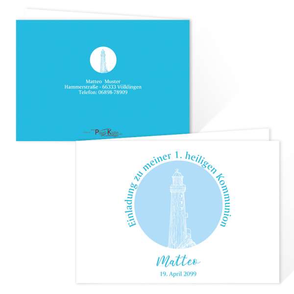 personalisierte Einladungskarten zur Erstkommunion mit Leuchtturm