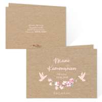 traumhafte Einladungskarten zur Kommunion/Konfirmation mit Kirschblüten & Tauben in Kraftkartonoptik