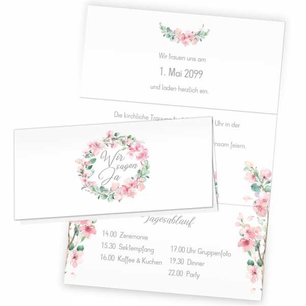 Hochzeitseinladungen Wickelfalz mit Kirschblüten und Eukalytus "Marie & Pierre"