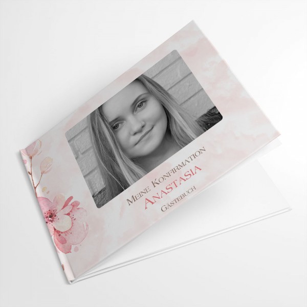 personalisiertes Gästebuch mit Kirschblüten und Foto Kommunion Konfirmation