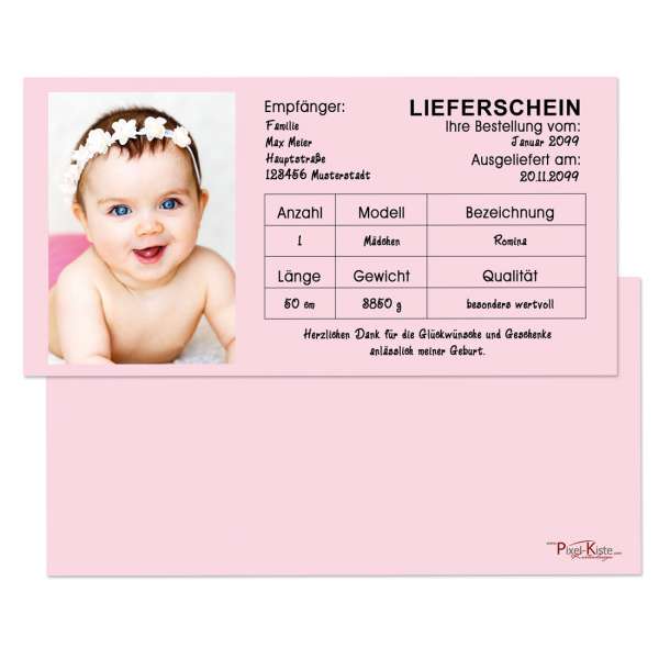 Dankeskarte Baby "Lieferschein"