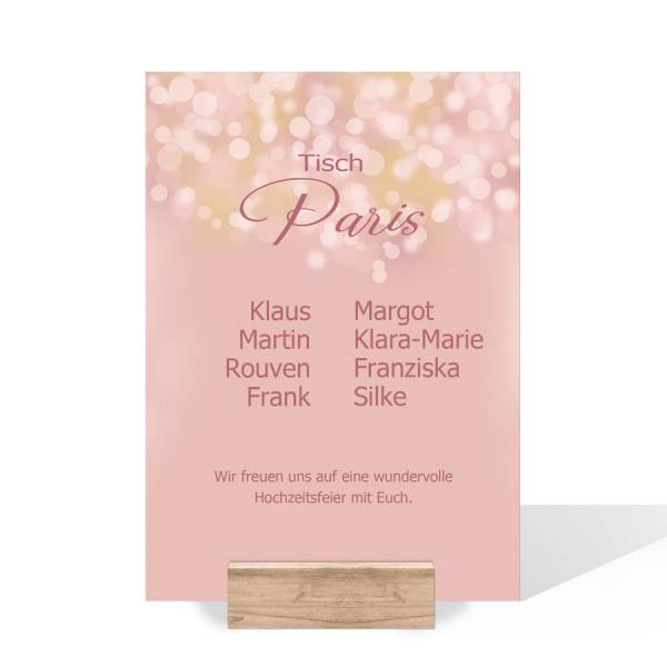 Gruppentischkarte Hochzeit Rosegold Bokeh