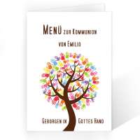 Menükarten Erstkommunion Konfirmation Baum mit Handabdrücken