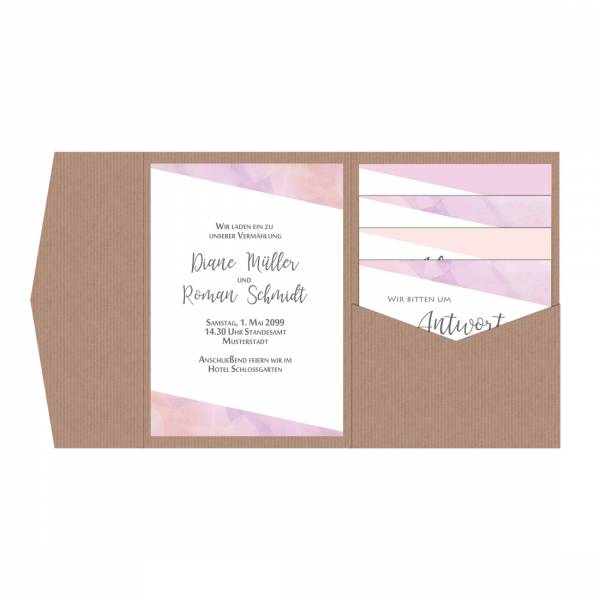 Pocketfold Einladungskarten Hochzeit pastell Aquarell Peach gestalten