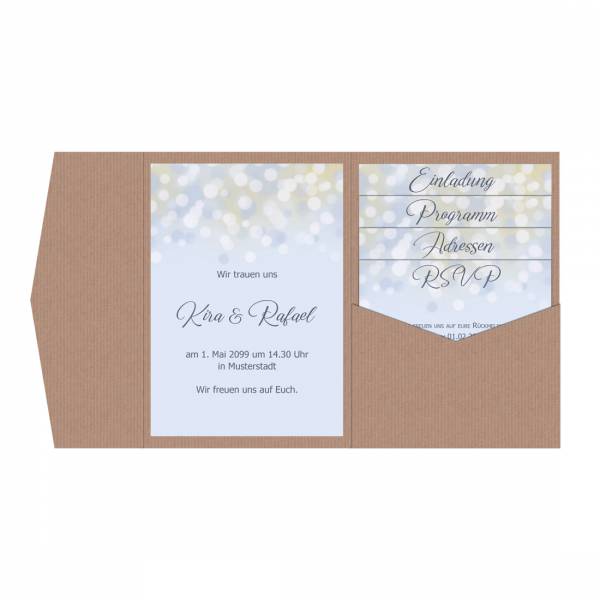 romantische Pocketfold Hochzeitseinladung "Lightblue" Bokeh