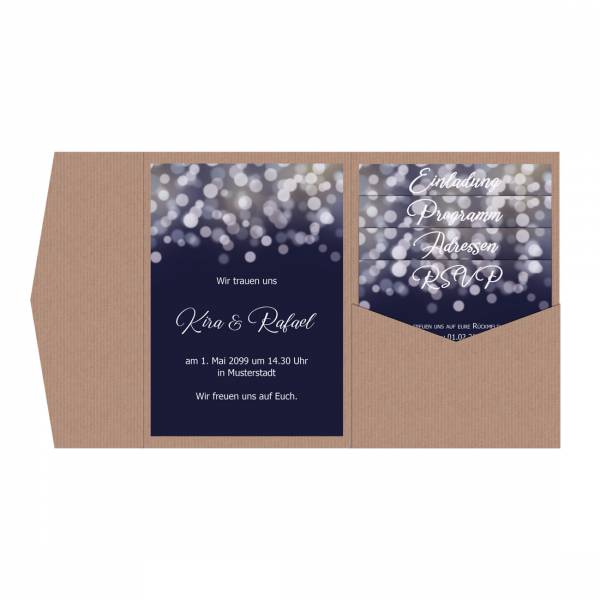 festliche Pocketfold Hochzeitseinladung Nightblue dunkelblau Bokeh drucken