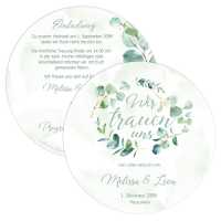 Runde Einladungskarten zur Hochzeit mit Eukalyptus "Melissa & Leon"