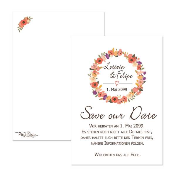 Save-the-Date-Karten Blütenkranz floral drucken