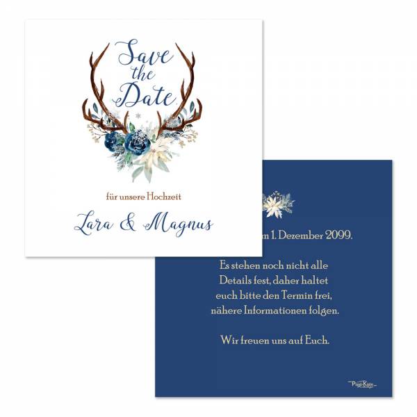 Save the Date für die ❄ Winterhochzeit ❄ Hirschgeweih mit Blumen