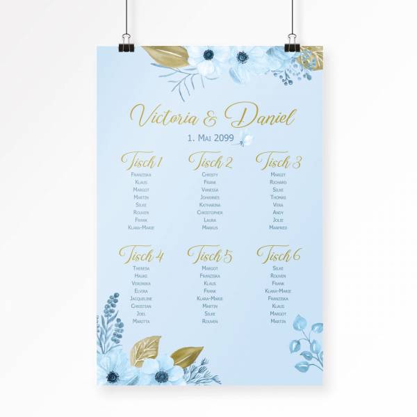 Sitzplan Sitzordnung zur Hochzeit mit Blumen watercolor bestellen