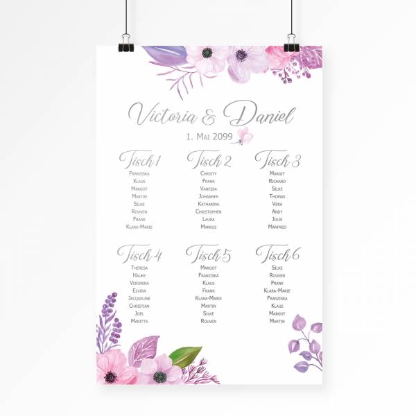 Sitzplan Tischordnung für die Hochzeitsfeier mit Watercolor Blüten