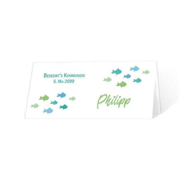 Tischkarten «kleine Fische» für die Kommunion in blau und grün