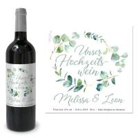 personalisierte Flaschenetiketten für den Hochzeitswein "Melissa & Leon"